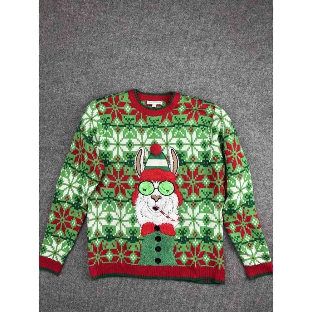 Celebrate Together Sweater Mens XL Green Red Ugly Christmas Llama Pom 3D‎ Knit
